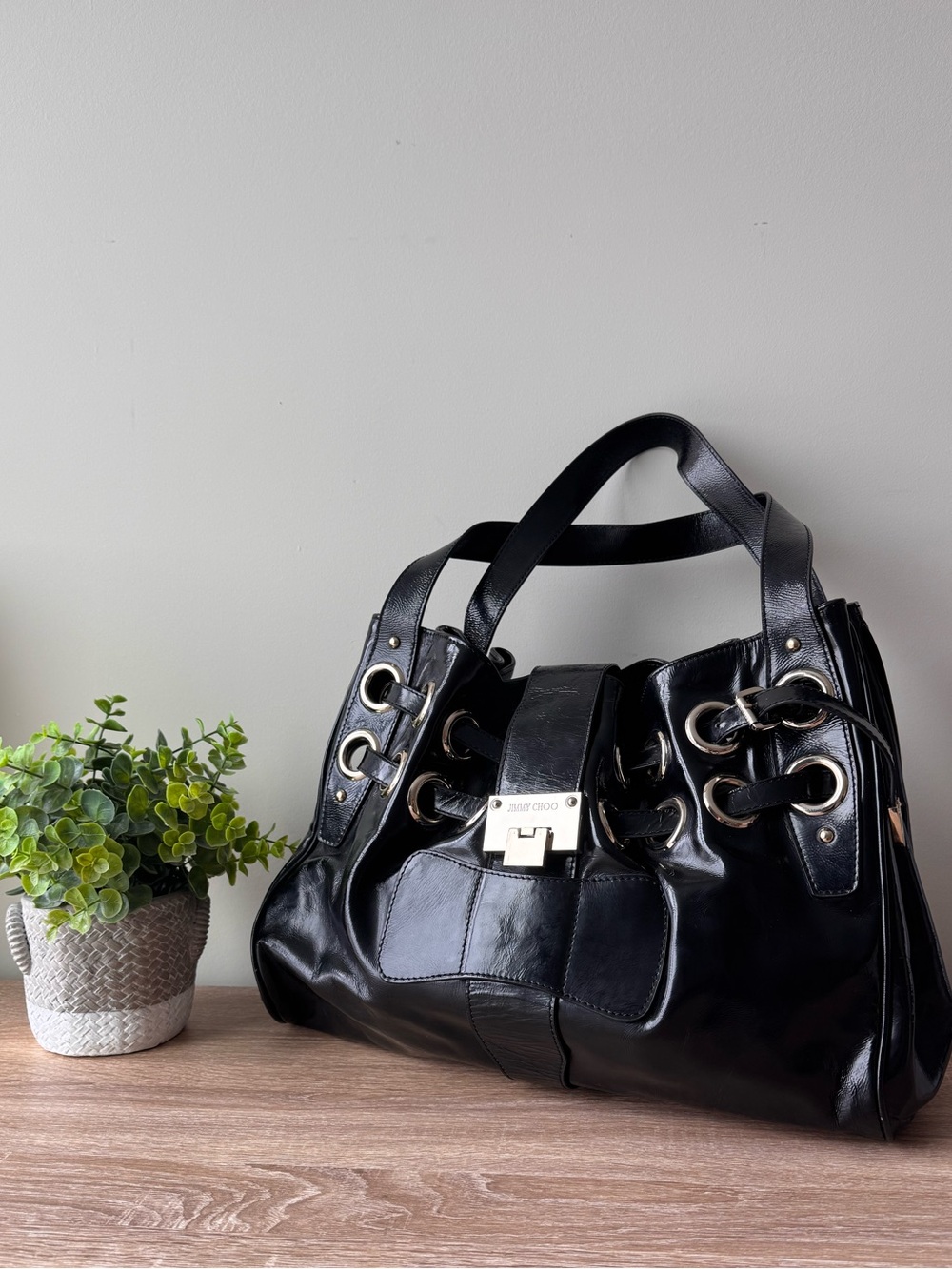 Jimmy Choo Ramona Black Crinkle Patent Leather Grommet Tote Bag